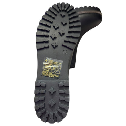 Close-up of a black boot sole with tread pattern on a white background
