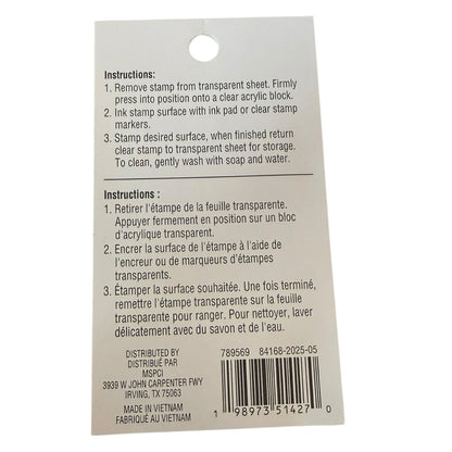 Back side of a clear acrylic stamp card package with printed instructions in English and French, a barcode, and distributor text including MSPC and Made in Vietnam.