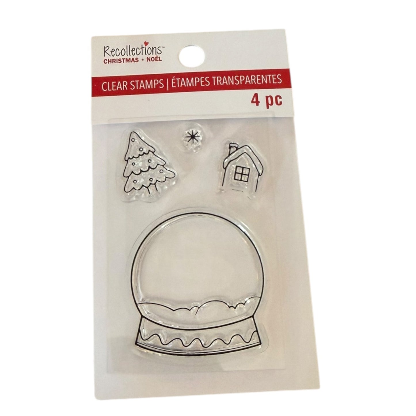 Recollections Christmas Clear Stamps 4-piece set in its original retail packaging, featuring a clear snow globe, Christmas tree, house, and star stamp.