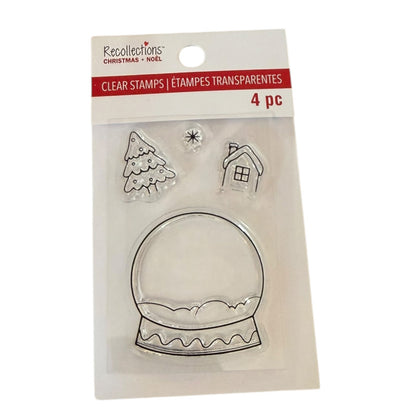 Recollections Christmas Clear Stamps 4-piece set in its original retail packaging, featuring a clear snow globe, Christmas tree, house, and star stamp.