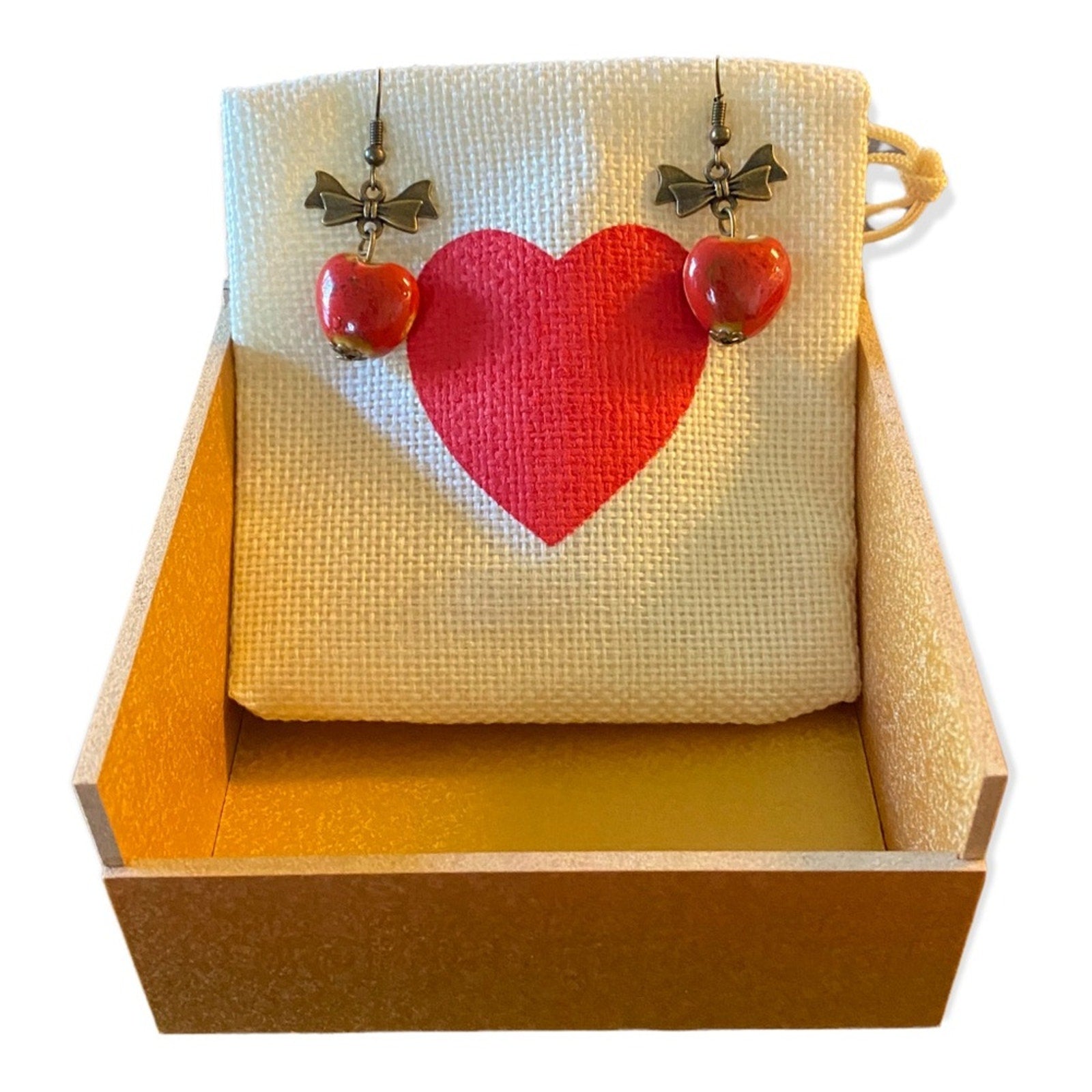 Red apple earrings in box 2