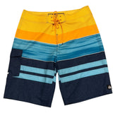 Multicolored striped board shorts with a tie string on a white background