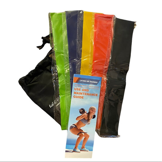 Set of 5 multicolor fitness bands with guid book on a white background. 