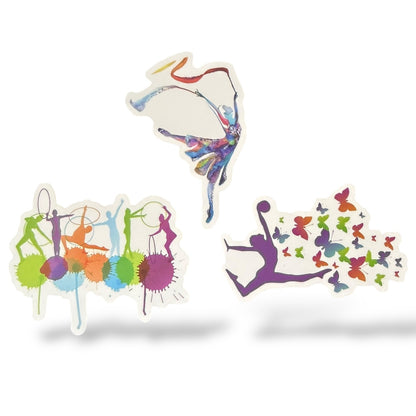 Colorful stickers figures of gymnast and butterflies on a white background