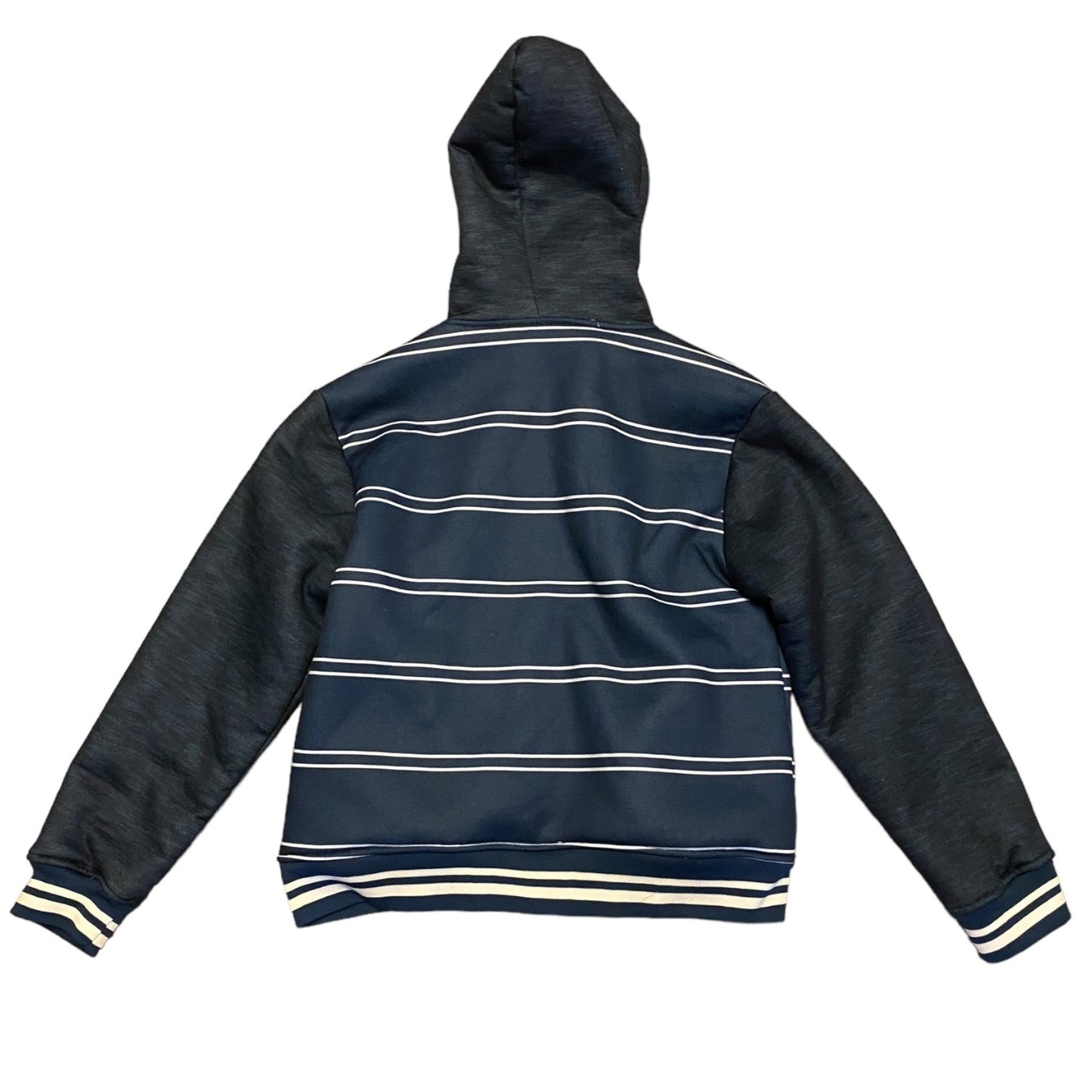 A blue hooded jacket with horizontal white stripes across the body , shown from the back on a white background.