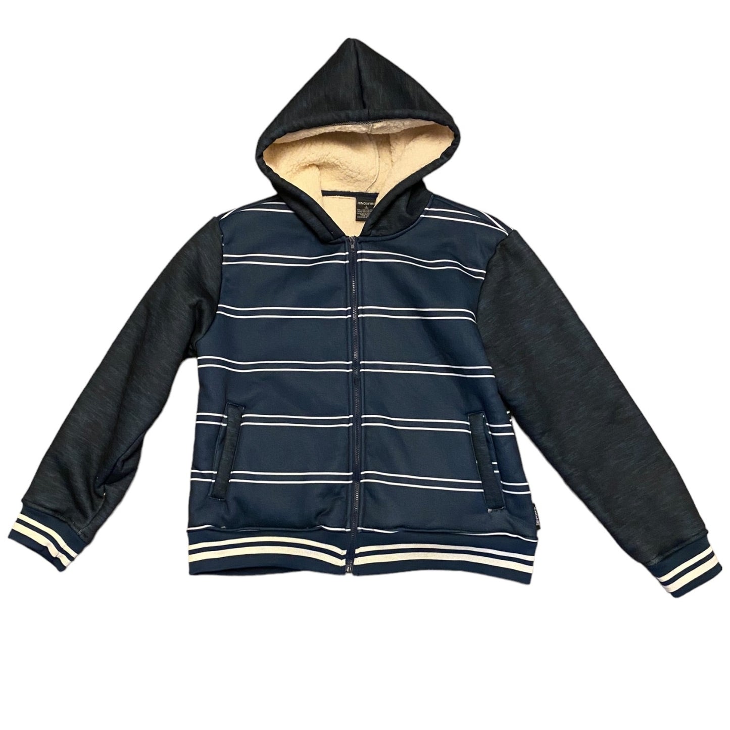 Front of blue and white striped hooded jacket on a white background