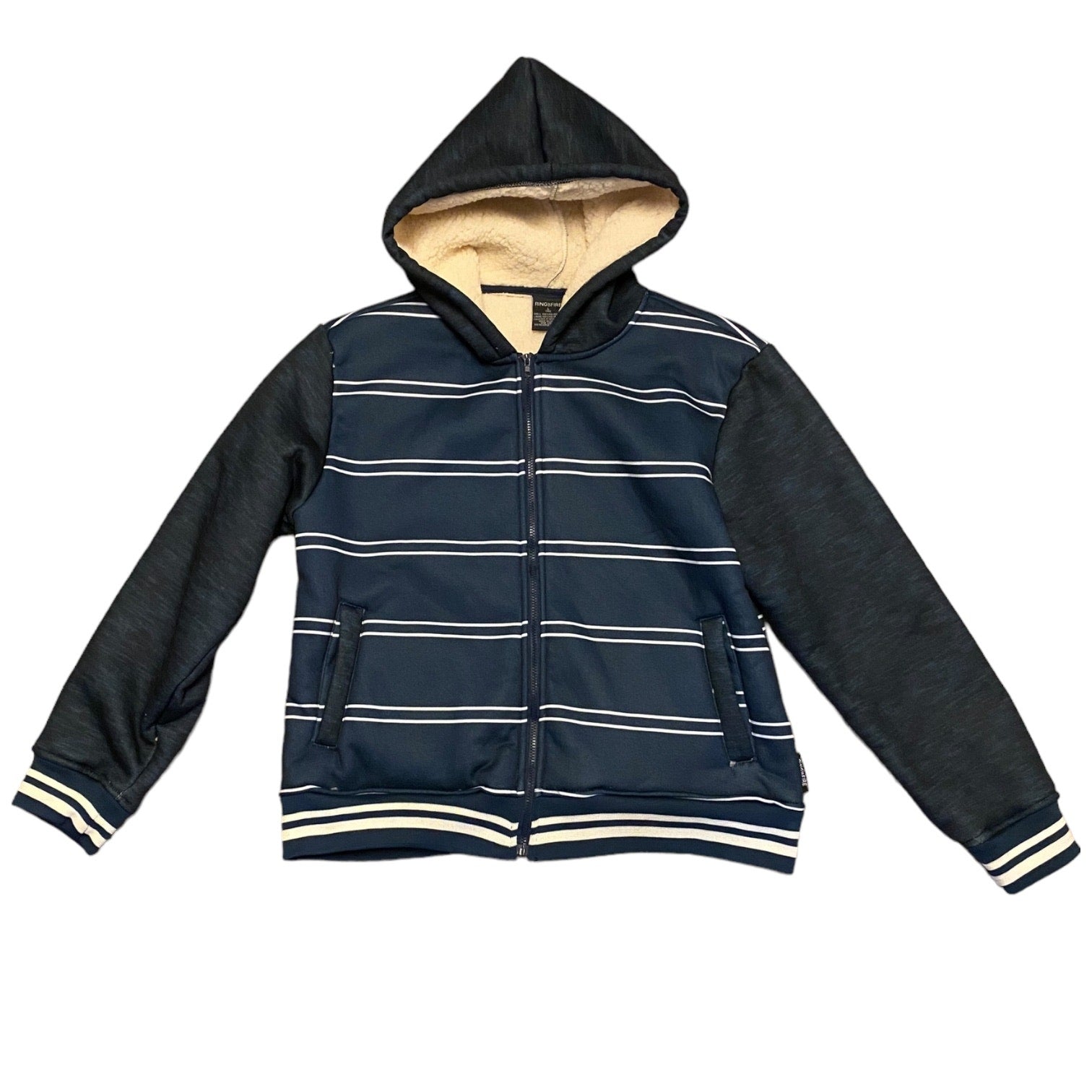 Front of blue and white striped hooded jacket on a white background