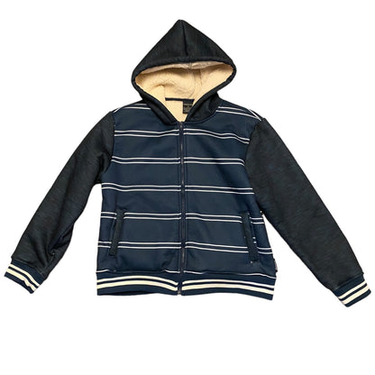 Front of blue and white striped hooded jacket on a white background