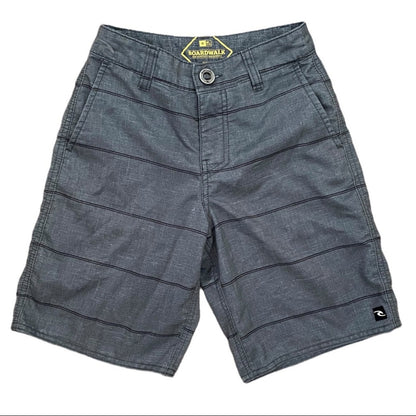 A pair of gray shorts with thin black horizontal stripes, featuring a button closure, belt loops, and a visible logo patch on the lower left leg.
