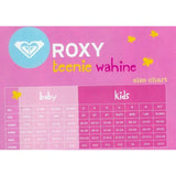 Roxy Teenie Wahine size chart on a pink background with butterfly graphics