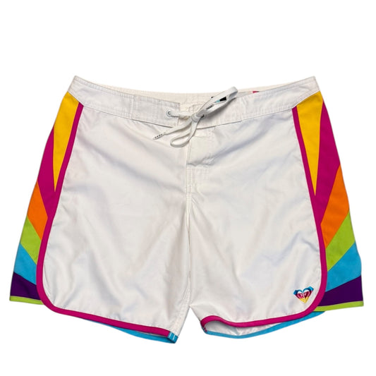 Front of White shorts with colorful geometric patterns on a white background