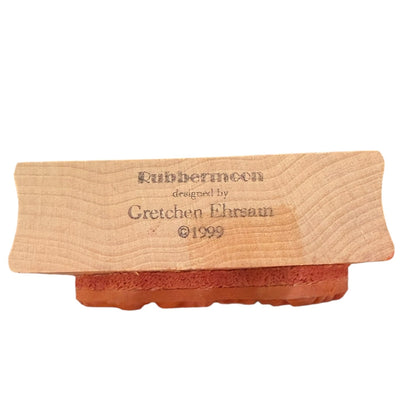 Wooden stamp with red ink pad on a white background, featuring 'Rubbermoon' branding.