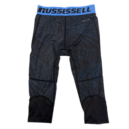 Black compression pants with geometric pattern and blue waistband on a white background
