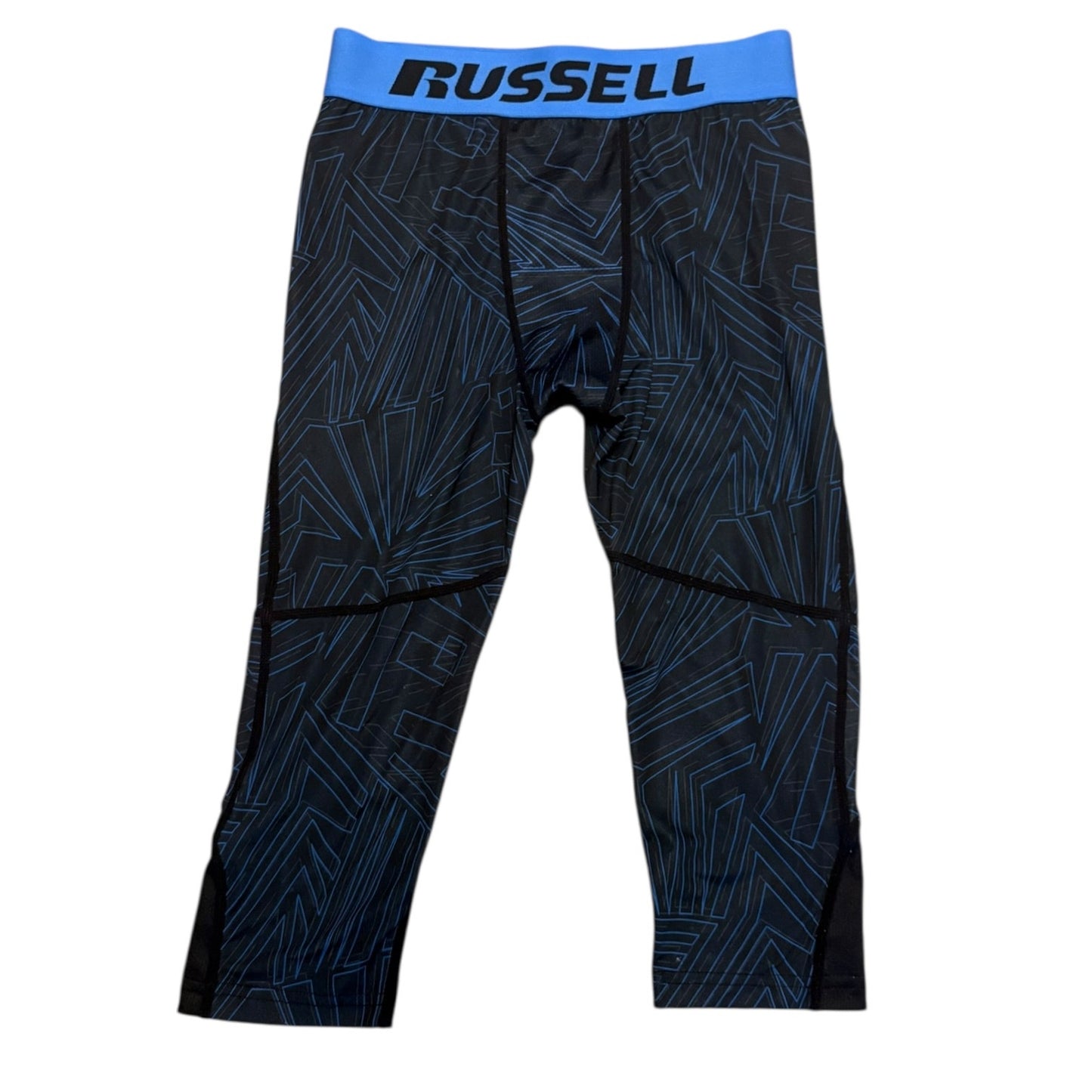 Black compression pants with blue waistband and geometric pattern on a white background