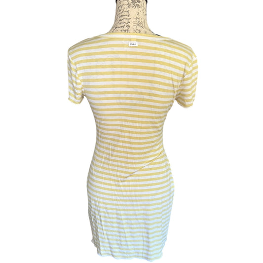 Back of green and white striped dress on a mannequin against a white background