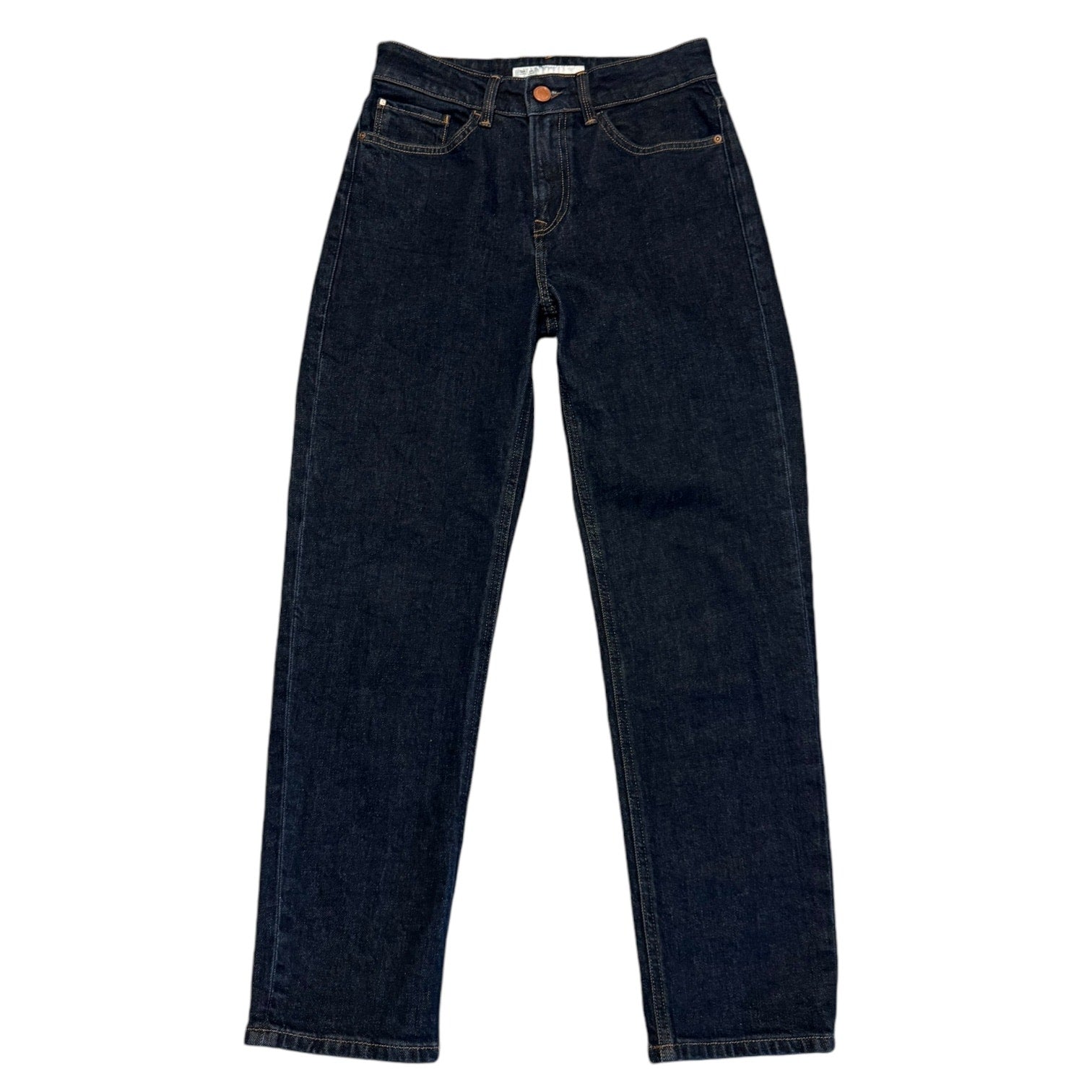 Pair of dark blue jeans front on a white background