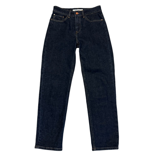 Pair of dark blue jeans front on a white background