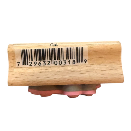 Wooden block with a barcode label on a white background