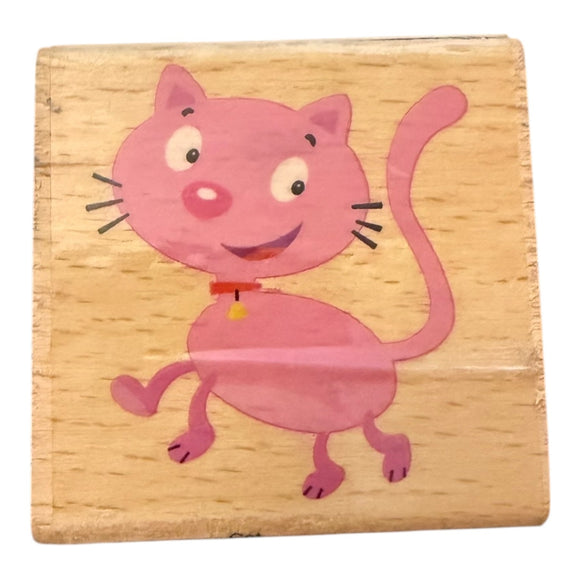 Wooden block with a pink cat illustration on a white background