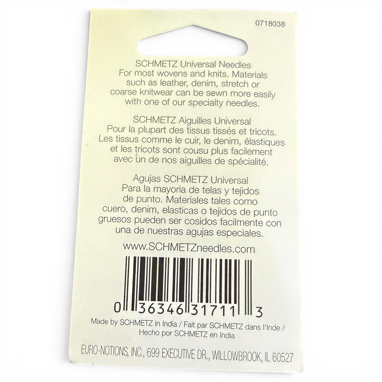 Back of a Schmetz needle packaging with text and barcode