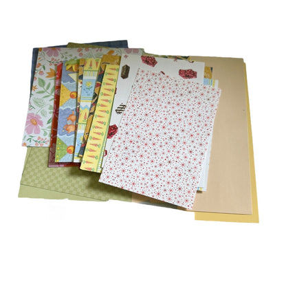 Collection of patterned paper sheets on a white background