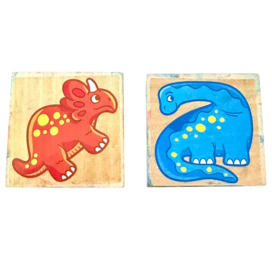 Two wooden stamps with colorful dinosaur designs on a white background
