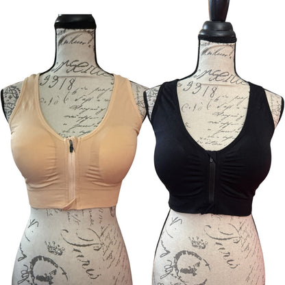 Beige and black sports bra front on mannequins with a vintage-style background.