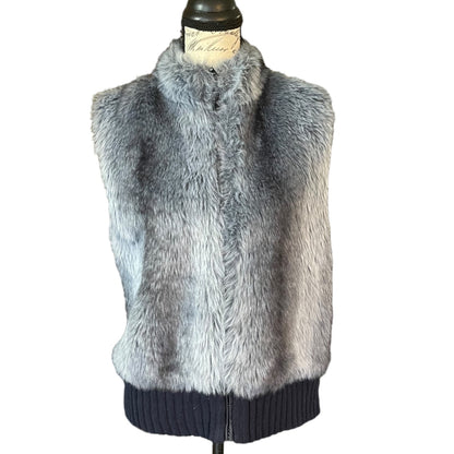 front of blue-Gray fur vest on a mannequin with a white background