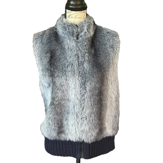 front of blue-Gray fur vest on a mannequin with a white background