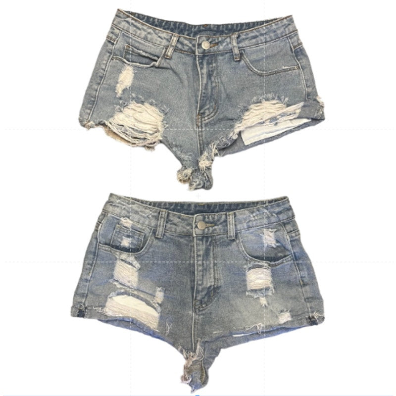 2 Pairs of distressed denim shorts on a white background