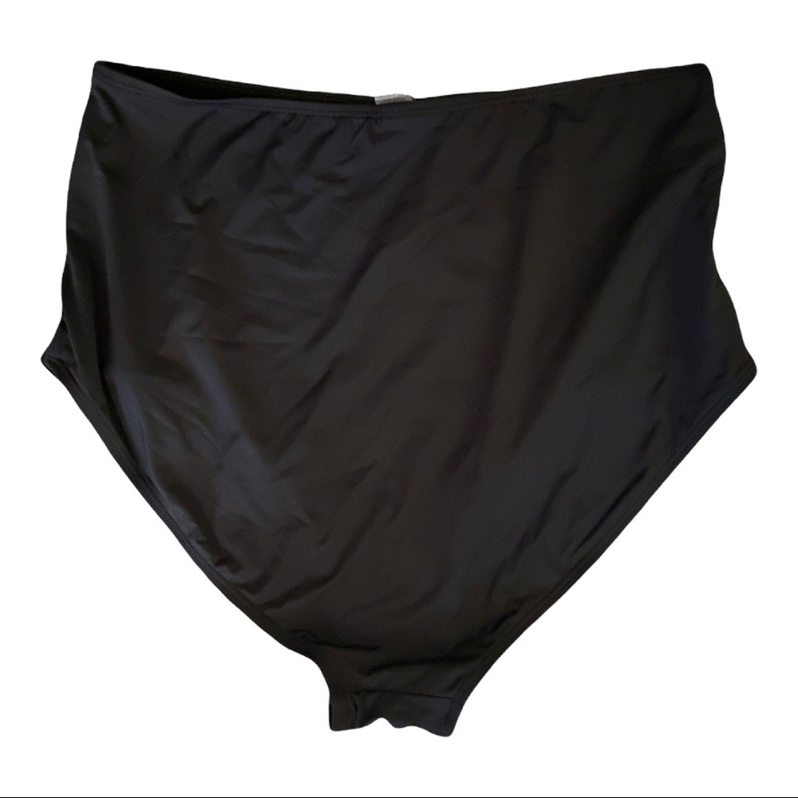 Black high waisted bikini bottoms on a white background