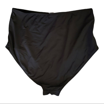 Black high waisted bikini bottoms on a white background
