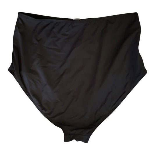 Black high waisted bikini bottoms on a white background