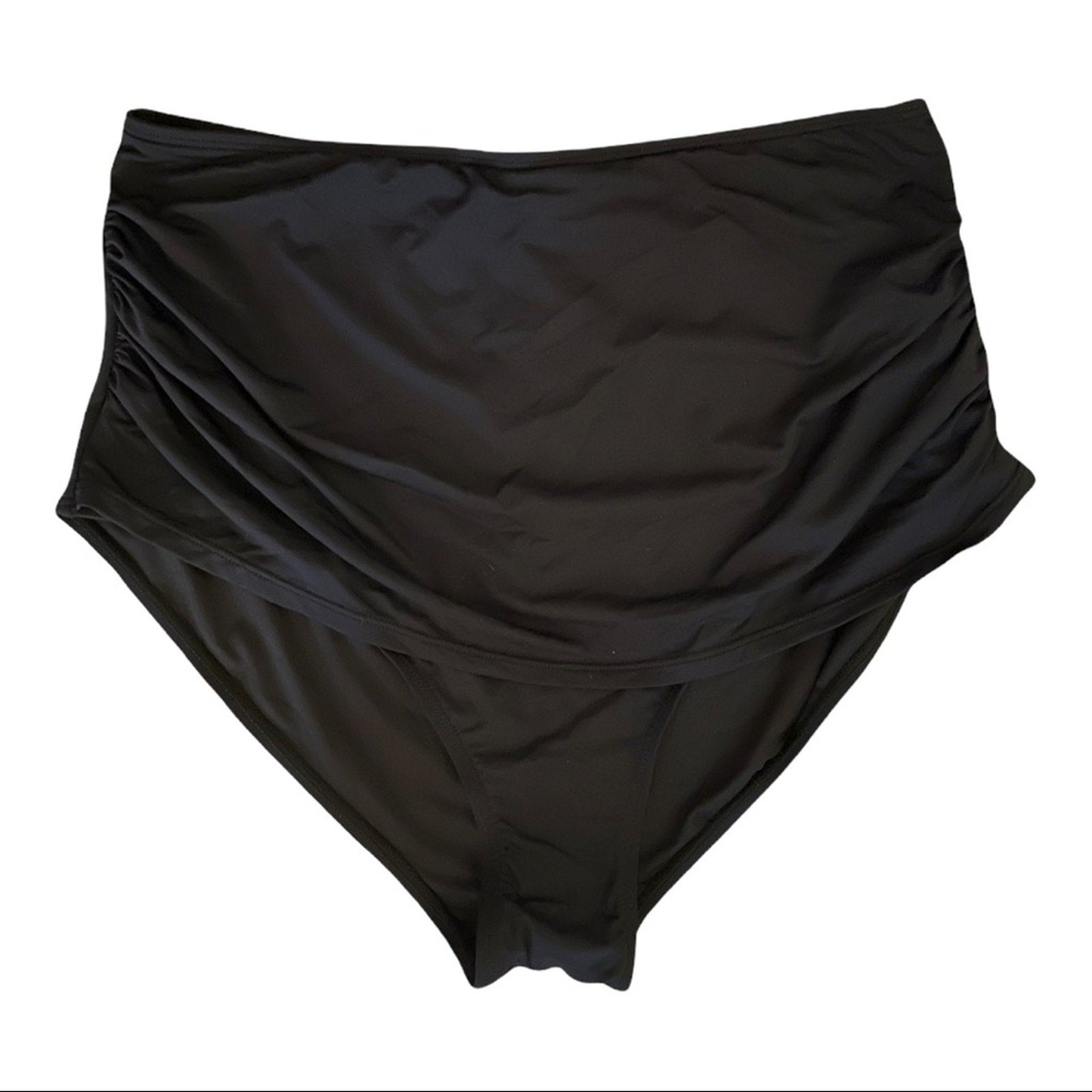 Black high-waisted bikini bottom on a white background
