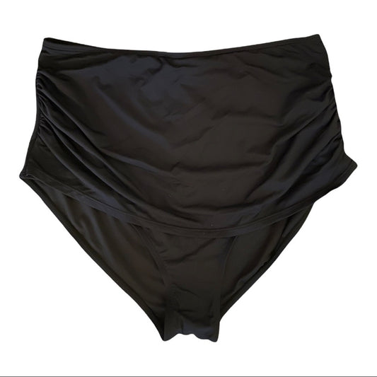 Black high-waisted bikini bottom on a white background