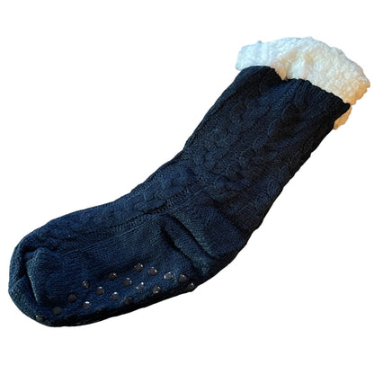 Dark blue sock with white cuff on a white background