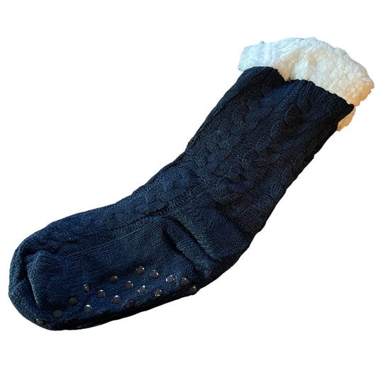 Dark blue sock with white cuff on a white background