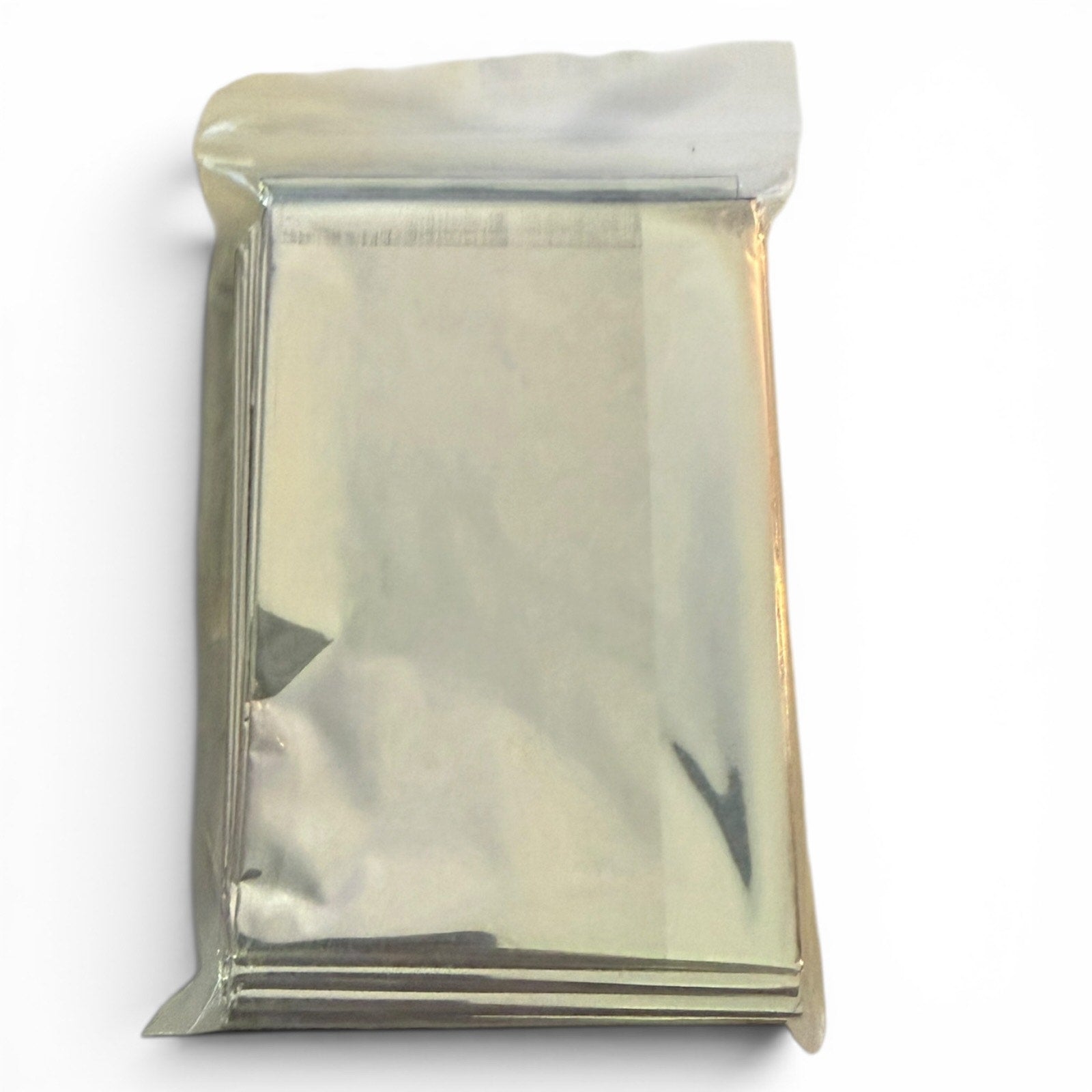 Silver emergency blanket packet on a white background