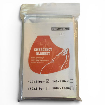 Emergency blanket in a clear plastic packaging with 'Showtime' branding on a white background