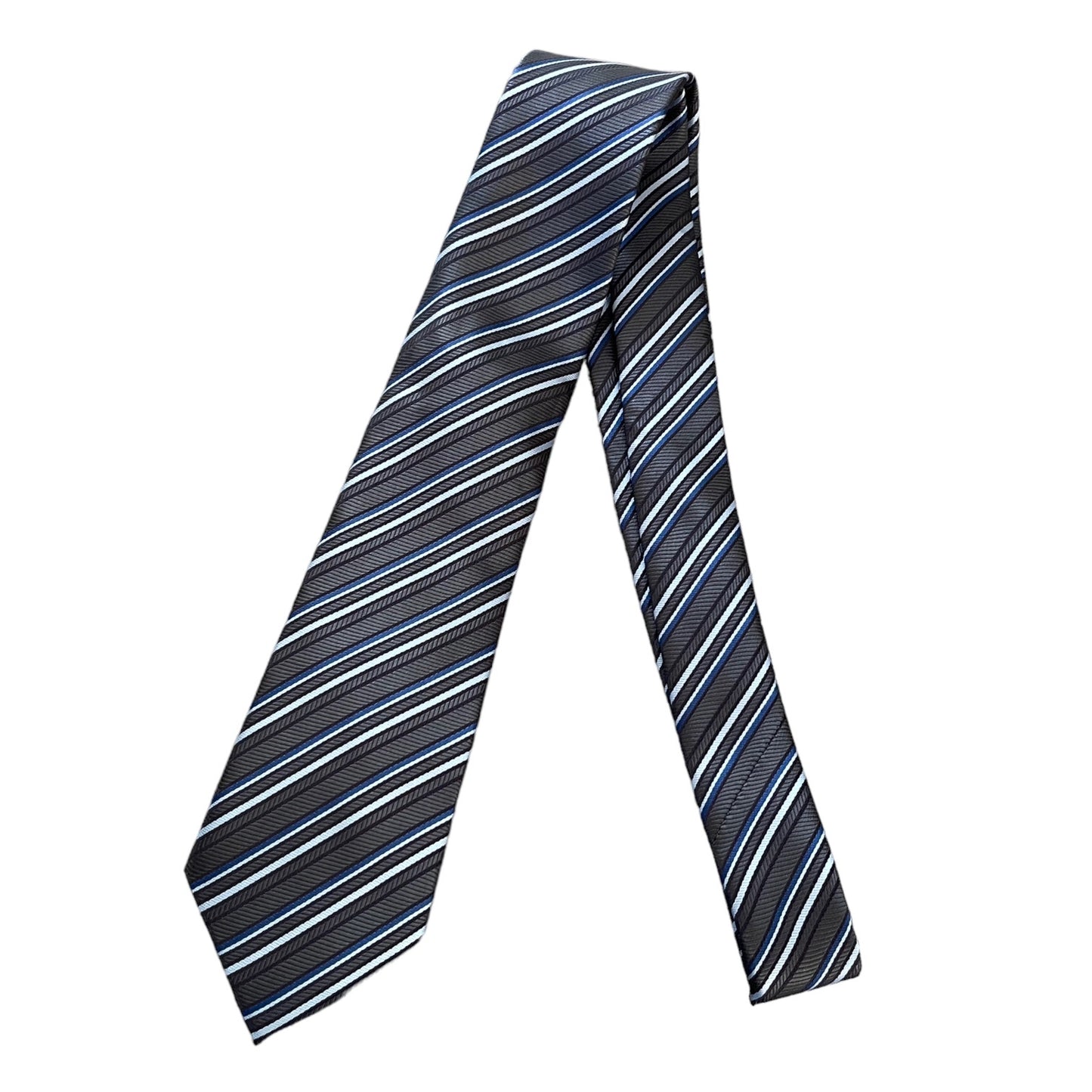 A classic necktie with diagonal stripes in black, navy, blue, and white, displayed on a clean white background.