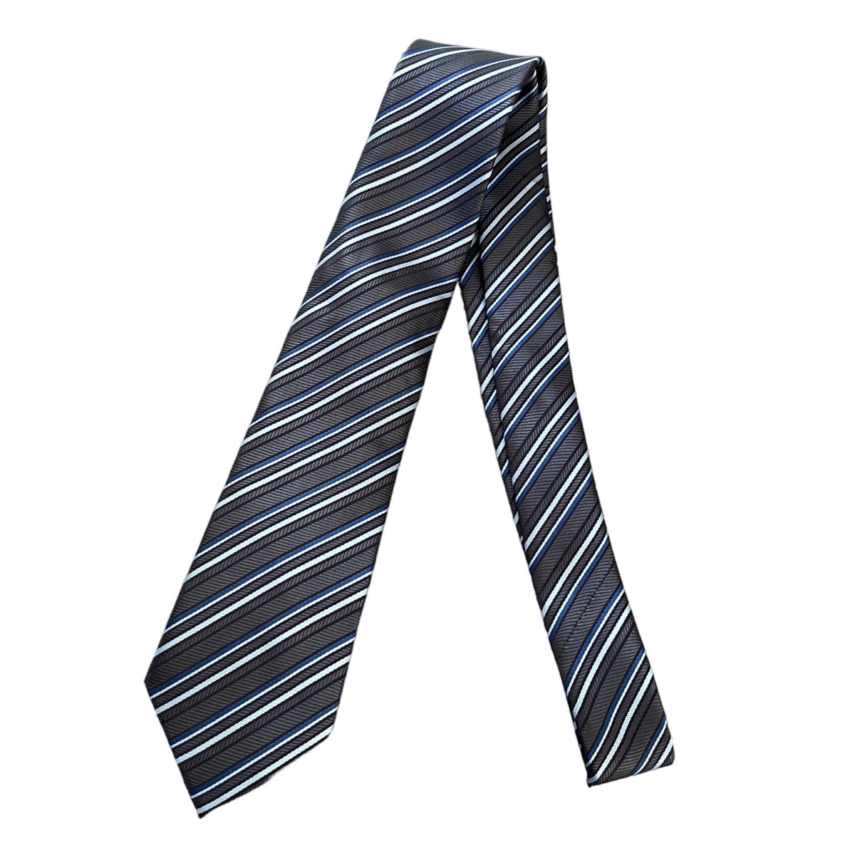A classic necktie with diagonal stripes in black, navy, blue, and white, displayed on a clean white background.