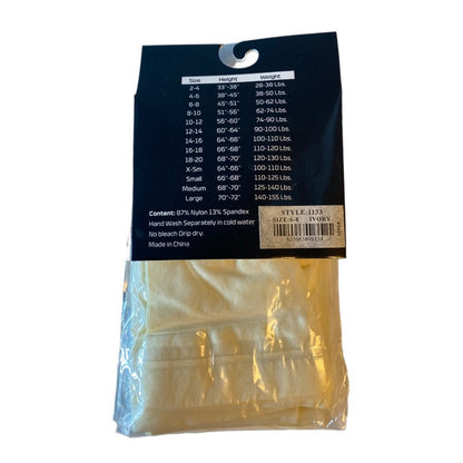 A packaged set of light ivory nylon tights in a clear plastic bag with a hanging card showing size and care information.