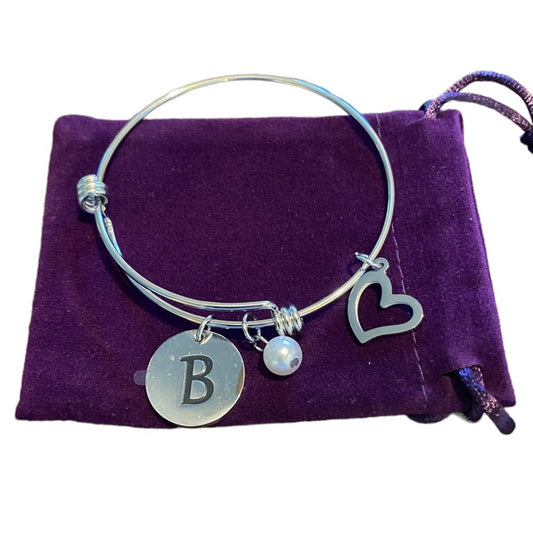 Silver B Pearl Heart Pendant Bangle Bracelet One Size