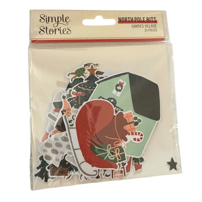 A package of Simple Stories 'Santa's Village' North Pole Bits scrapbooking paper pieces, containing 30 pieces in a clear plastic bag with a kraft header card.
