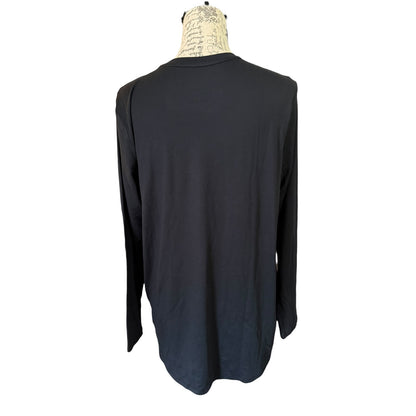 A black long-sleeve t-shirt displayed on a mannequin torso against a plain white background.