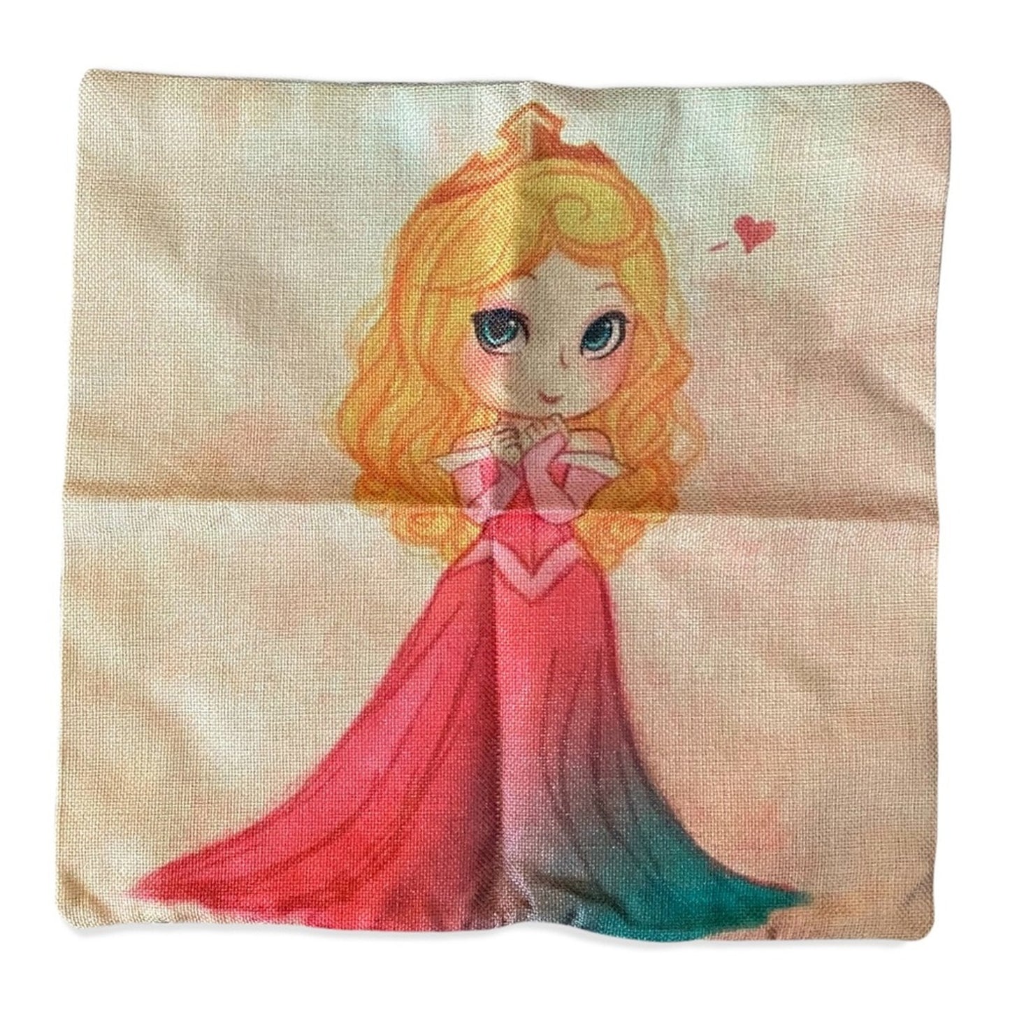 Pillowcase with princess girl in a red dress and blue skirt on a beige background