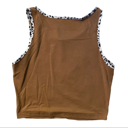Brown tank top with patterned trim on a white background