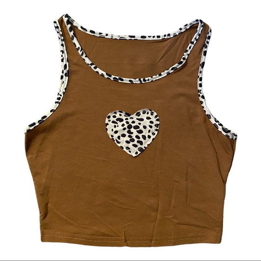 Brown tank top with a heart-shaped leopard print design on a white background