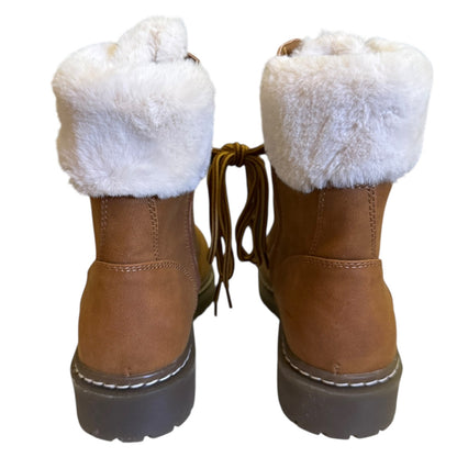 Back of brown boots with white fur toppers on a white background