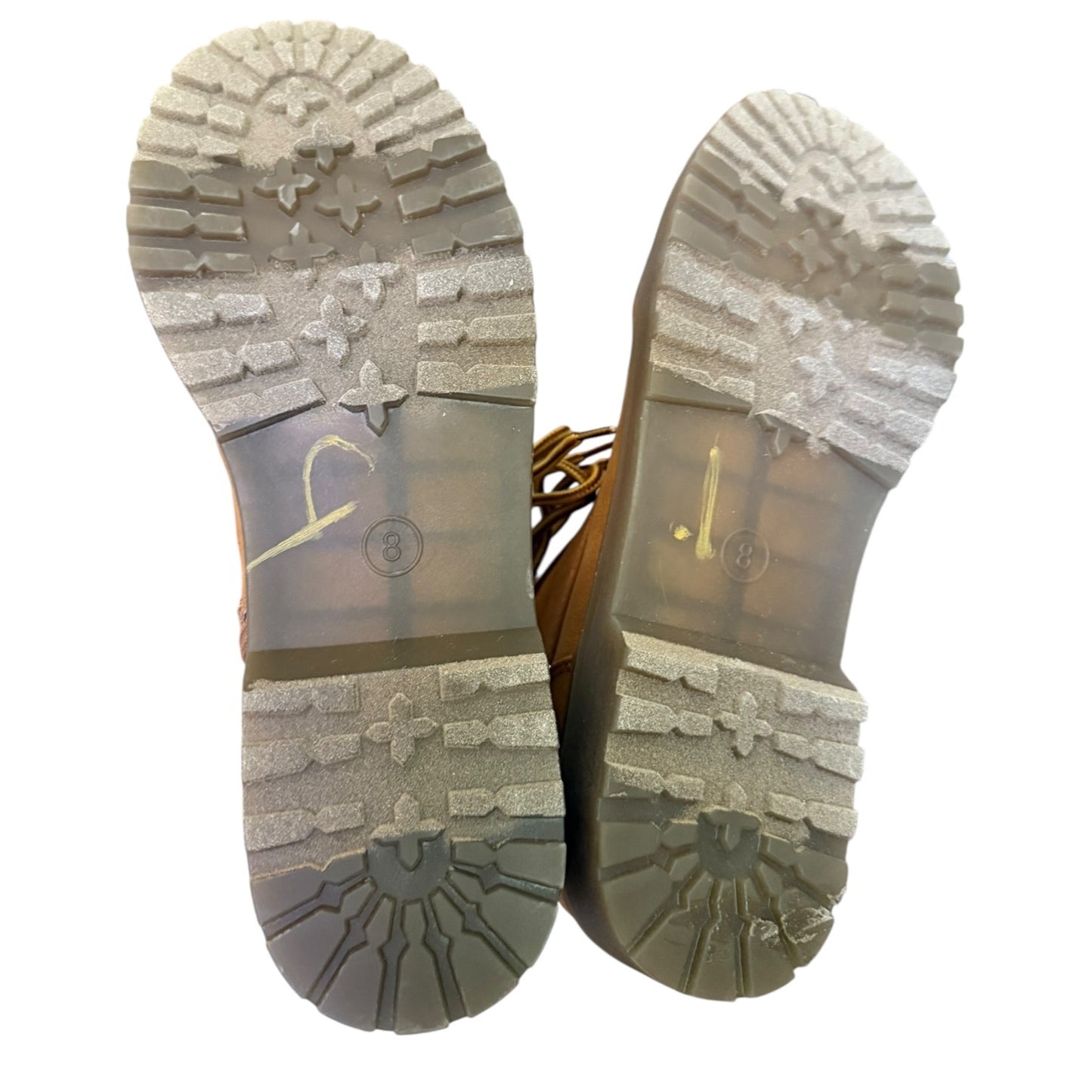 Close-up of a pair of shoes with a focus on the sole design.